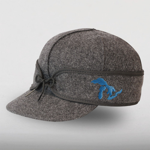 The Great Lakes Cap in charcoal with a blue embroidery of the Great Lakes on the side ear band.