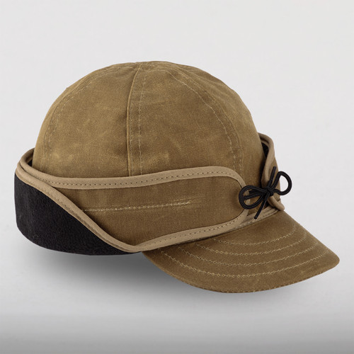 Image of Stormy Kromer Waxed Rancher Cap: an insulated six-panel waxed cotton winter cap with a pulldown fleece earband, showing earband in the folded up position.