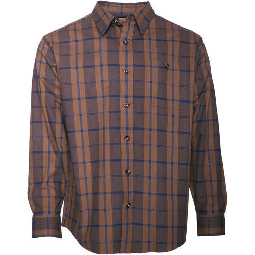A traditional plaid cotton flannel shirt with a button front and left chest pocket.