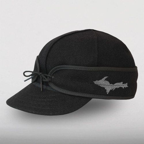 Image of Stormy Kromer Original Cap State Pride Cap: a six-panel wool winter cap with an earband and a tie in front. This view also shows the outline of the state of Michigan embroidered on the side.