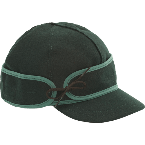A 45 degree angle view of The Sidekick Cap: a wool, six-panel winter cap with a pulldown earband that ties off to the side, and a brim.