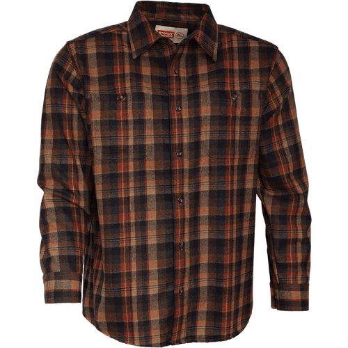 Front view of The Wool Shirt - a button up, long-sleeve shirt with two chest pockets. Front view of The Wool Shirt - a button up, long-sleeve shirt with two chest pockets.