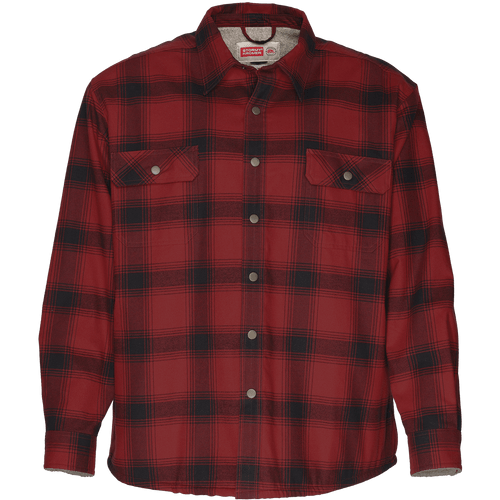 Front view of the Camp Shirt Jack: A lined, plaid flannel overshirt with snap front, two chest pockets with snap closure and two side pockets.