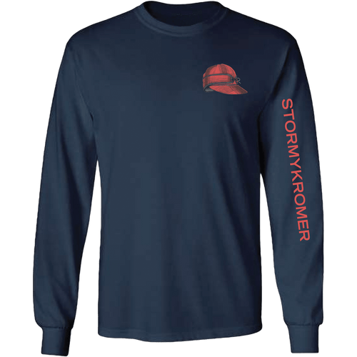 Front view of a navy long sleeve tee shirt with a red Stormy Kromer cap print on the left chest and the words STORMY KROMER in red down the left sleeve.