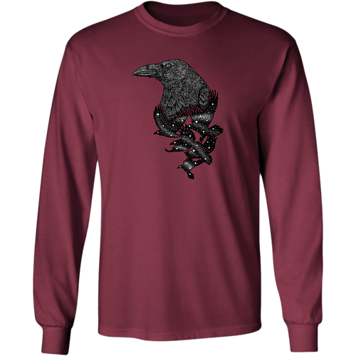 Front view of the Artist Series Raven long sleeve tee: a burgundy long sleeve tee shirt with black and white woodcut print of a raven designed by artist Jason Limberg. Front view of the Artist Series Raven long sleeve tee: a burgundy long sleeve tee shirt with black and white woodcut print of a raven designed by artist Jason Limberg.