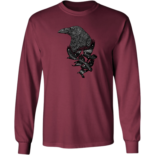 Front view of the Artist Series Raven long sleeve tee: a burgundy long sleeve tee shirt with black and white woodcut print of a raven designed by artist Jason Limberg.