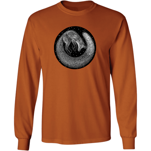 Front view of the Artist Series Fox long sleeve tee: a burnt orange long sleeve tee shirt with black and white woodcut print of a fox curled in a circle. Front view of the Artist Series Fox long sleeve tee: a burnt orange long sleeve tee shirt with black and white woodcut print of a fox curled in a circle.