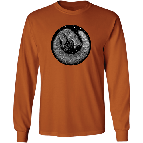 Front view of the Artist Series Fox long sleeve tee: a burnt orange long sleeve tee shirt with black and white woodcut print of a fox curled in a circle.