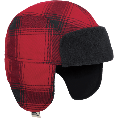 The Kit Trapper Hat - a kids winter hat made with twill on the outside and a contrasting color fleece inside and on the front. The hat extends down to cover the child's ears.