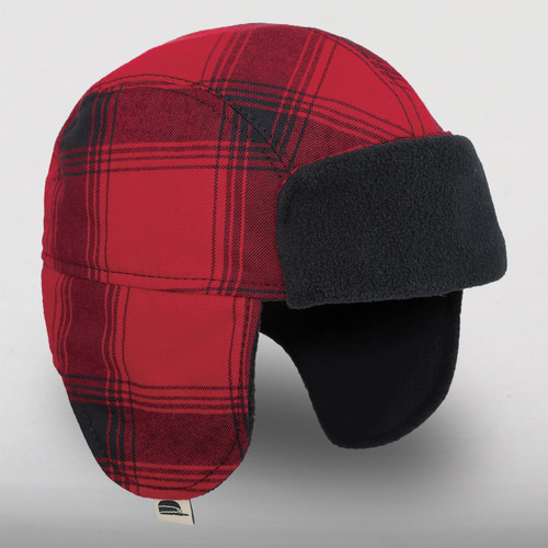 The Kit Trapper Hat - a kids winter hat made with twill on the outside and a contrasting color fleece inside and on the front. The hat extends down to cover the child's ears.