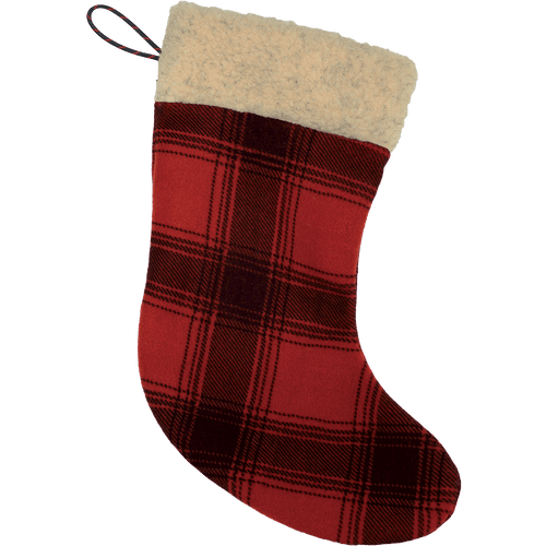 The Fleece Holiday Stocking in red/black plaid fleece with a cream sherpa collar.