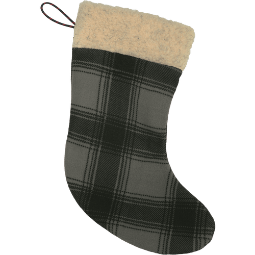 The Fleece Holiday Stocking in black/gray plaid fleece with a cream sherpa collar.