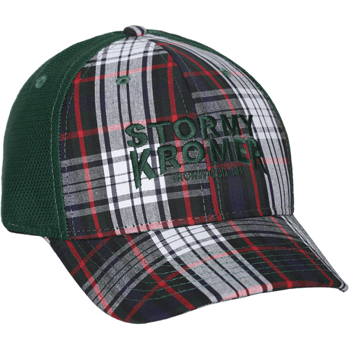45 degree angle view of The Plaid Trucker Cap: A traditional baseball style cap with the front two panels and brim in plaid, and the back in solid mesh. Featuring the words Stormy Kromer embroidered on the front.