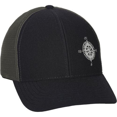 45 degree angle view of The Performance Trucker Cap in Navy: A traditional baseball style cap with the front two panels and brim in navy, and the back in gray mesh. Featuring an embroidered compass on the front.
