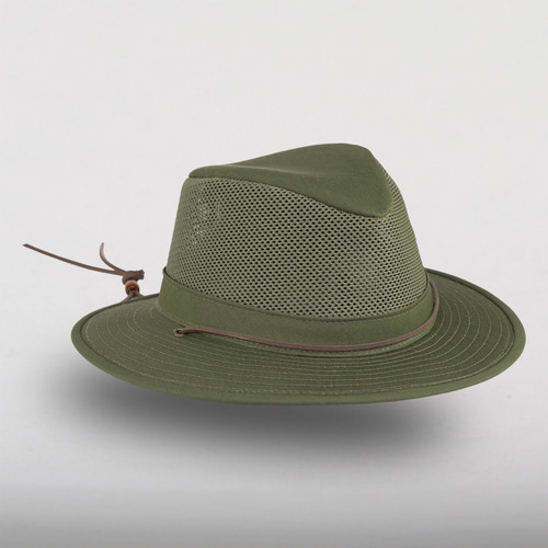 Angled view of The Mesh Hiker - a lightweight fedora style hat with a wide brim, a mesh crown and a leather tie.