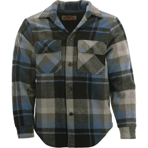 Front view of a gray and blue wool plaid Compass Shirt Jack Front view of a gray and blue wool plaid Compass Shirt Jack