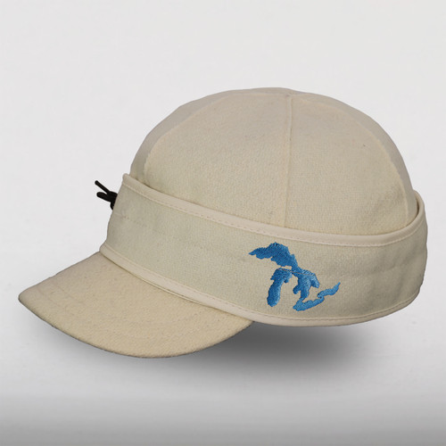 The Great Lakes Sidekick Cap in white with blue embroider of the Great Lakes.