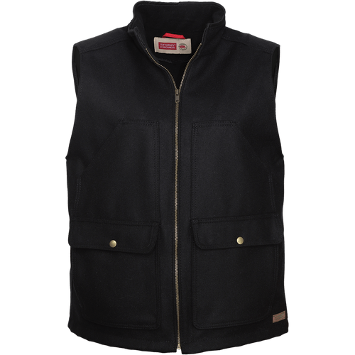 Front view of the Stormy Kromer Steelhead Vest on a person: A zip front men's vest made with wool and including 6 pockets on the front. Front view of the Stormy Kromer Steelhead Vest on a person: A zip front men's vest made with wool and including 6 pockets on the front.