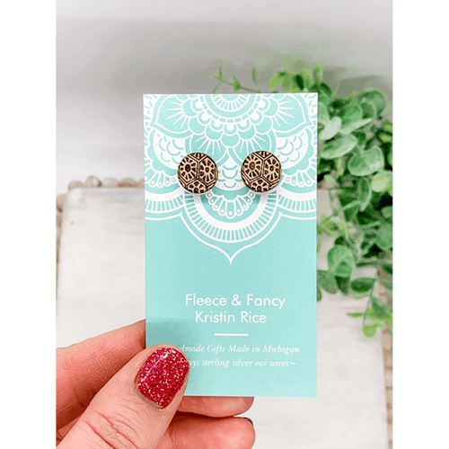 Pair of round wood earring that look like Petoskey stones