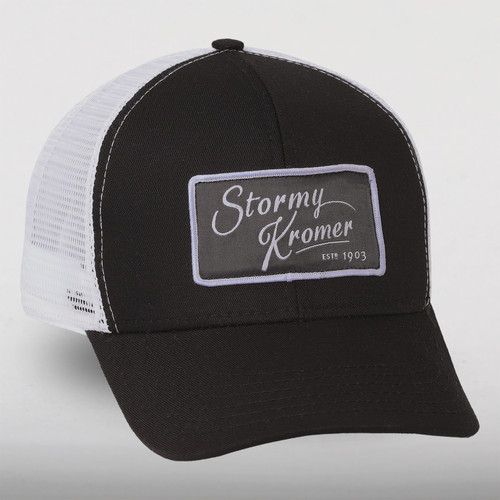 Trucker cap with black front and bill with a white mesh back and a white and gray Stormy Kromer patch on the front.