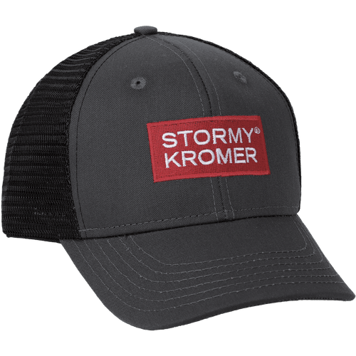 Trucker cap with charcoal front and bill with a black mesh back and a red and white Stormy Kromer logo. Trucker cap with charcoal front and bill with a black mesh back and a red and white Stormy Kromer logo.