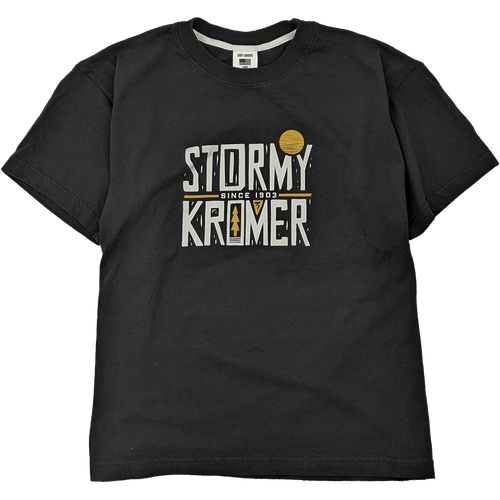 Black short sleeve tee with a printed graphic of Stormy Kromer woodcut Black short sleeve tee with a printed graphic of Stormy Kromer woodcut