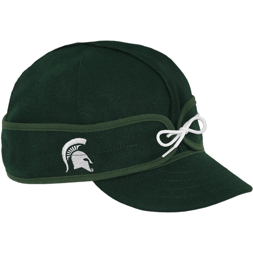 A green cap with the Michigan State logo embroidered on the earband. A green cap with the Michigan State logo embroidered on the earband.