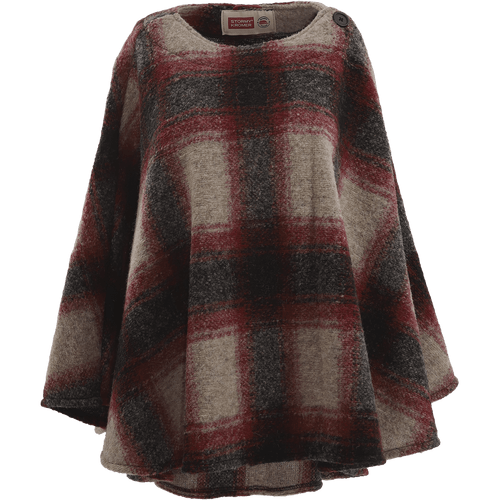 Ladies poncho in tan, red, and black plaid.