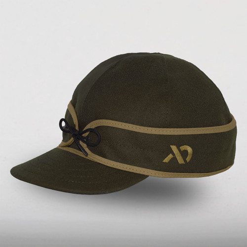 Olive green wool cap with a tan First Lite logo