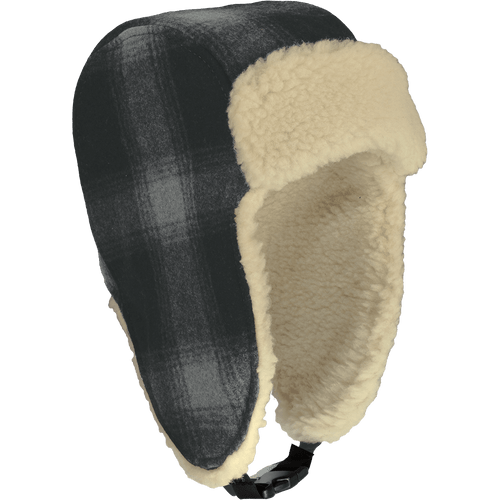 Image of the Stormy Kromer Aviator Hat - a traditional wool plaid aviator style hat with long earbands with a strap that secures under the chin. Includes a wool shearling front and lining.
