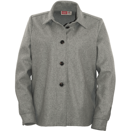 Ladies Cottage Overshirt in Cloud with brown buttons on front and collar