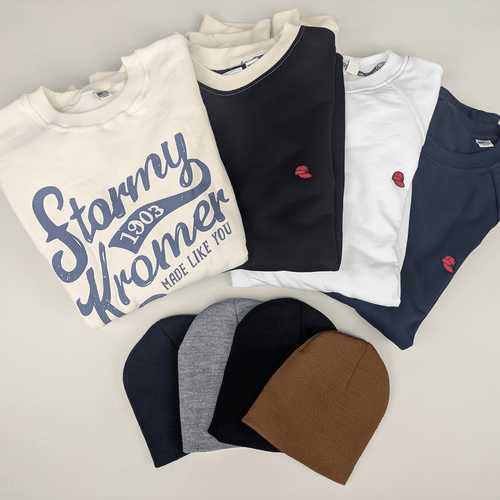 Assorted Stormy Kromer sweatshirt and beanie bundle options, with four sweatshirt designs and navy, gray, black, and brown knit beanies.