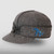 The Great Lakes Cap in charcoal with a blue embroidery of the Great Lakes on the side ear band.