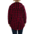 The Swallowtail Jacket for ladies in red/black buffalo plaid with a sherpa lined hood back view.