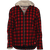 The Swallowtail Jacket for ladies in red/black buffalo plaid with a sherpa lined hood.