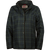 Front view of the Ember Jacket: A snap-front ladies wool plaid jacket with a stand up collar.