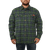 On model front view of the Camp Shirt Jack: A lined, plaid flannel overshirt with snap front, two chest pockets with snap closure and two side pockets.