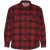 Front view of the Camp Shirt Jack: A lined, plaid flannel overshirt with snap front, two chest pockets with snap closure and two side pockets.