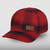Side view of flannel baseball cap with leather patch on the front.