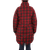 Classic coat with zipper and snap closure storm flap with berber lining and knit cuffs, mid-thigh length in black/red tartan plaid on a woman, back view