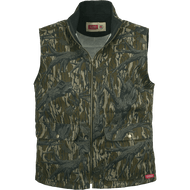 Front view of the Stormy Kromer Steelhead Vest: A zip front men's vest made with waxed cotton and including 6 pockets on the front.