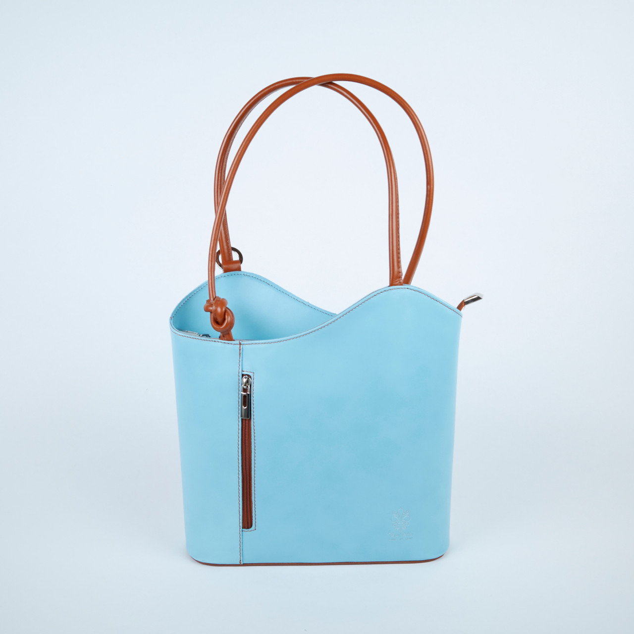 Italian Leather Backpack Crossbody Sky Blue Tan