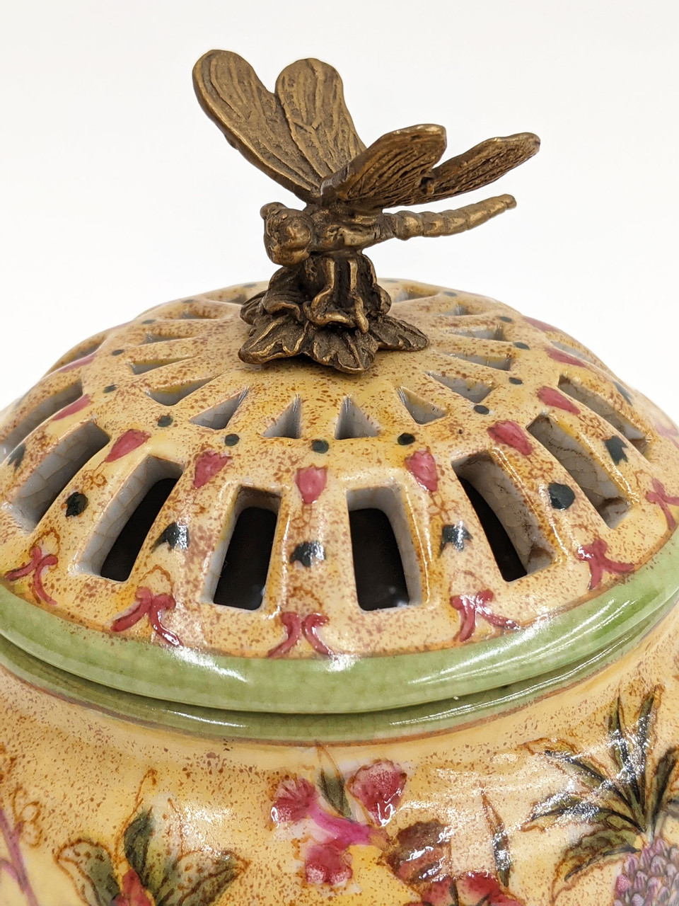 Porcelain and Bronze Dragonfly Pineapple Potpourri Jar