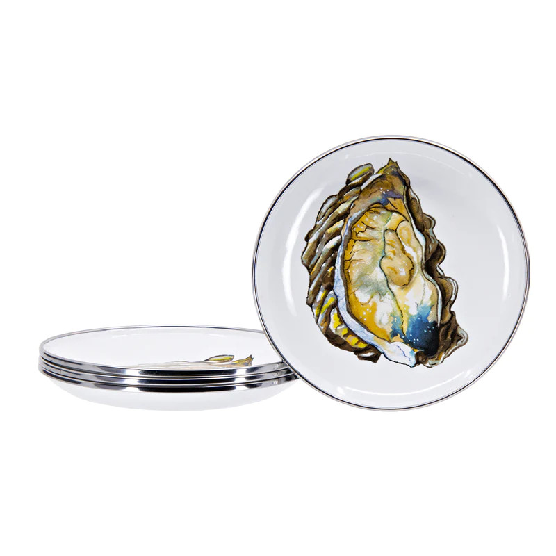 Enamelware Oyster Bread Plate trimmed in stainless steel