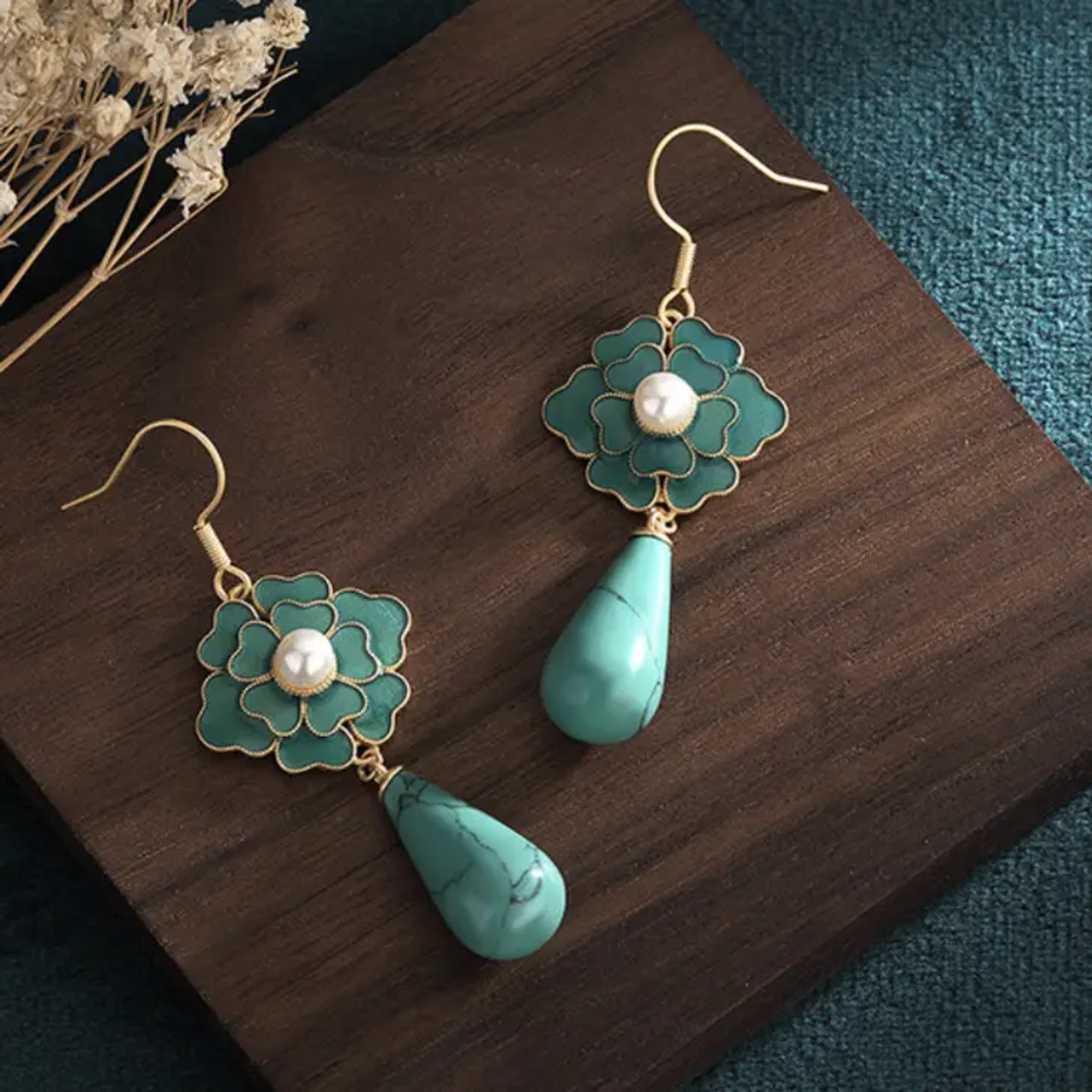 Enamel Camellia Earrings, 24K gold-plated copper