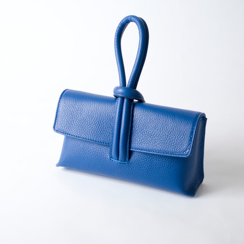 Italian Leather Crossbody Tote with Wool Felt and Zip - Navy Blue