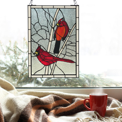 Red Cardinal Stained Glass Window Panel 18.5"