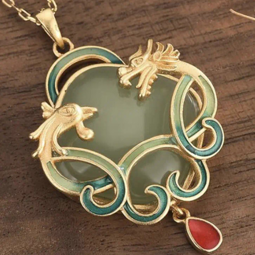 Dragon Phoenix Jade Necklace, 24K gold-plated copper