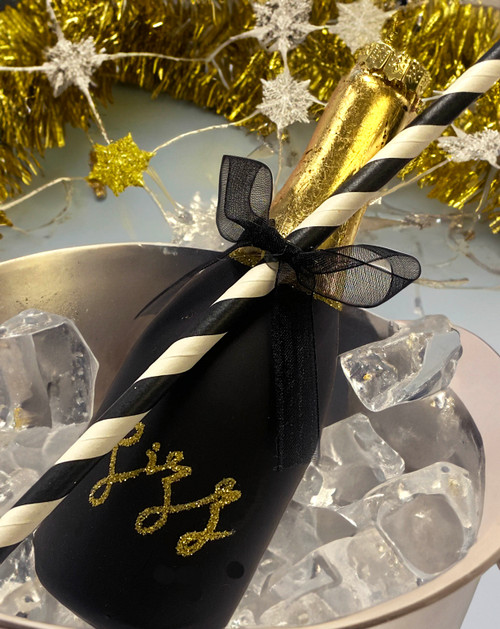 Glass Champagne Bottle & Straw Ornament