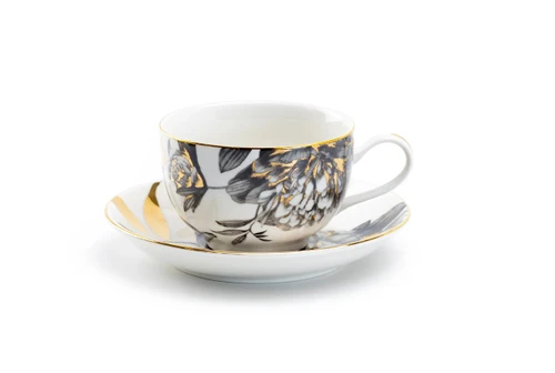 Black Gold Peony Porcelain Cup & Saucer